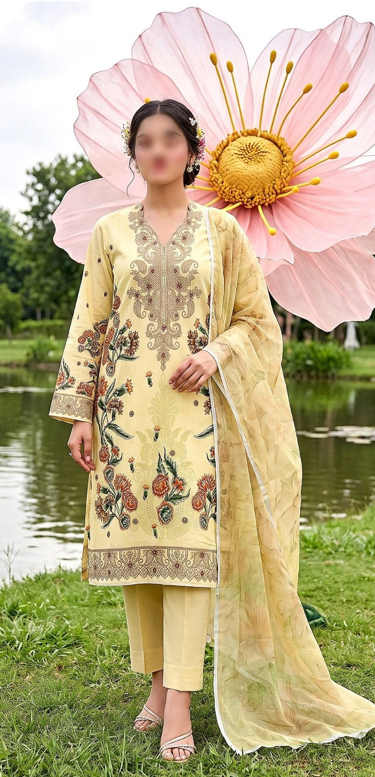 Nishat floral printed embroidered unstitched 3 piece suit with printed slub dupatta and comfort dyed trouser