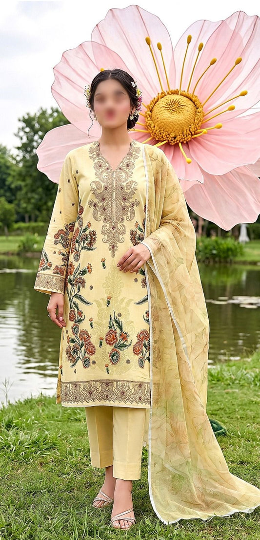 Nishat floral printed embroidered unstitched 3 piece suit with printed slub dupatta and comfort dyed trouser