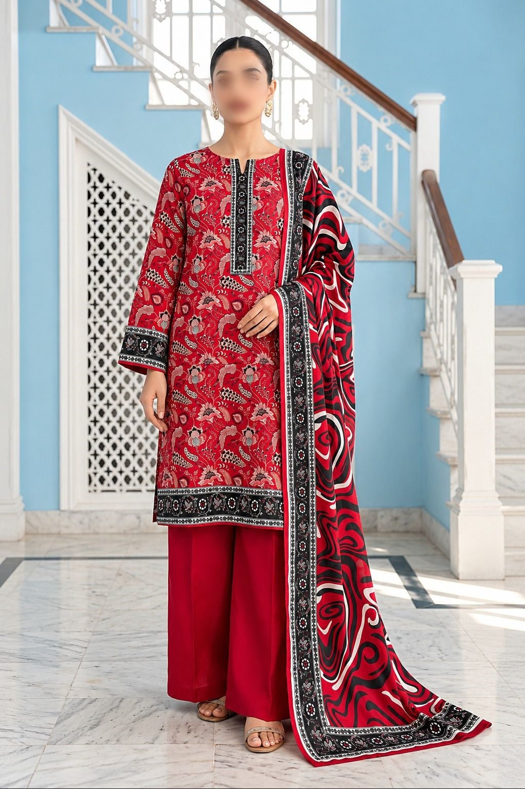 KHAADI 3 Piece Printed Khaddar Suit for Women with Khaddar Dupatta