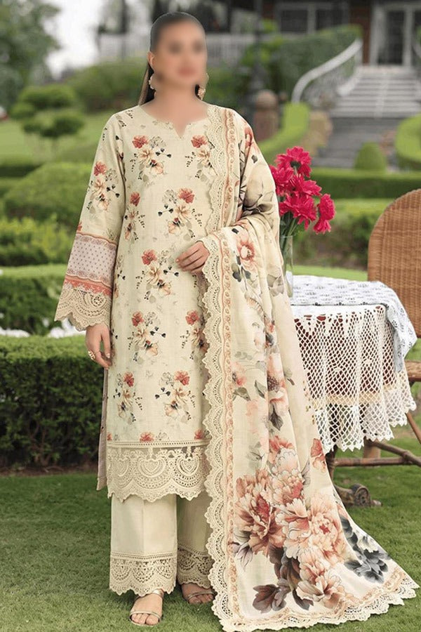 Malhaar Naznin 3 Piece Unstitched Linen Digital Print Suit with Printed Shirt Dupatta and Dyed Trouser