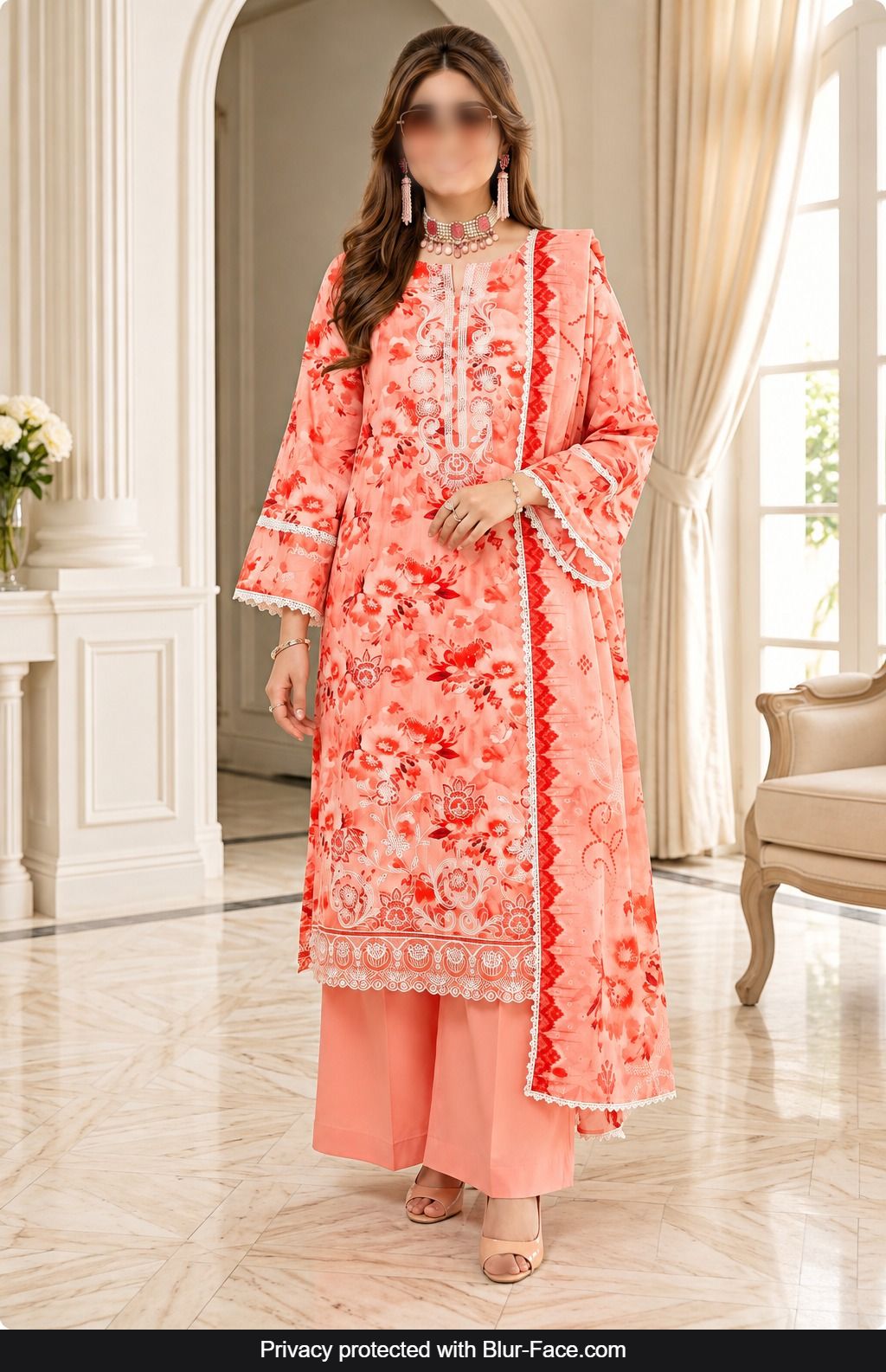KHAADI 3 Piece Embroidered Viscose Suit for Women with Crinkle Digital Print Dupatta