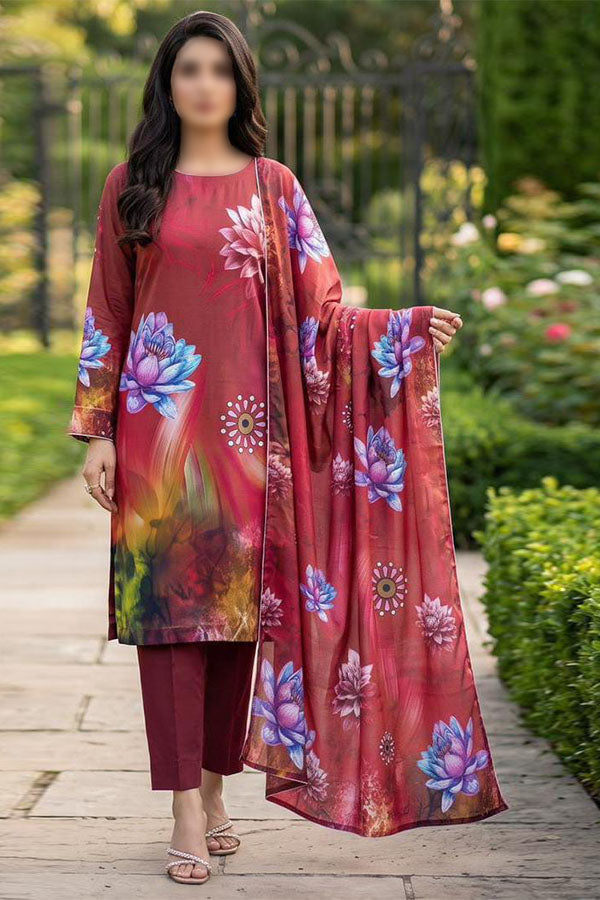 Alkaram 3 piece unstitched printed linen suit with digital printed Slub Linen shirt, dupatta and dyed trouser
