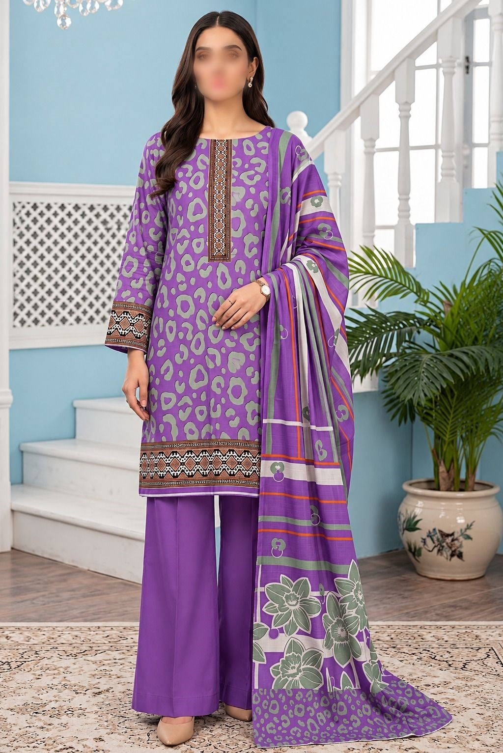 KHAADI 3 Piece Printed Khaddar Suit for Women with Khaddar Dupatta