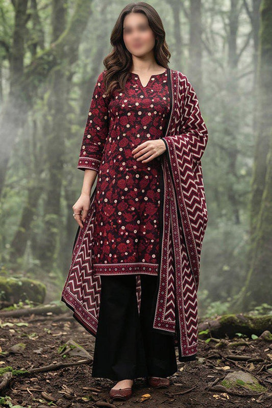ZESH printed khaddar 3 piece unstitched suit for women
