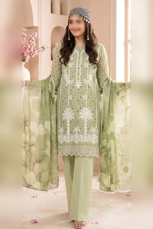 Gul Ahmed embroidered printed unstitched 3 piece suit with bamber dupatta and comfort dyed trouser