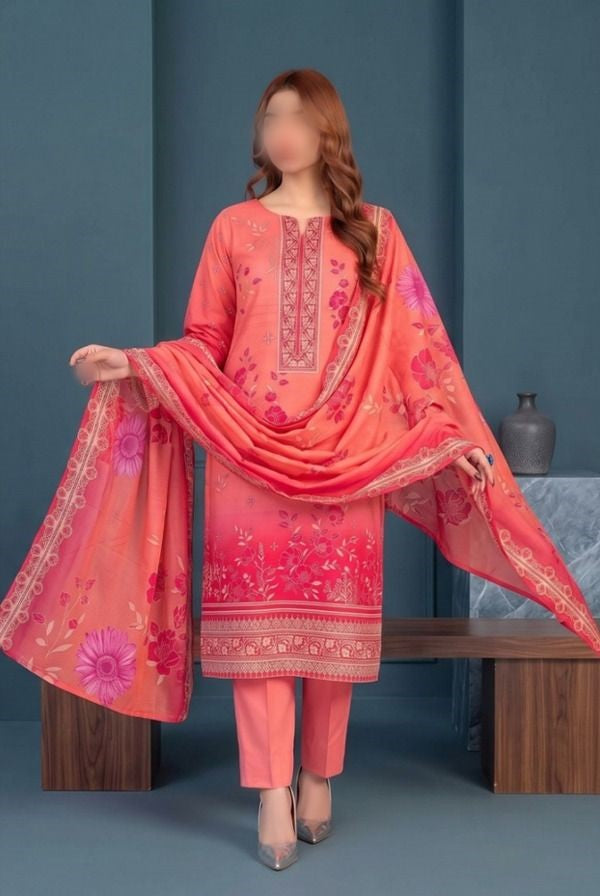 REEF floral printed Slub Linen 3 piece unstitched suit with dupatta and trouser