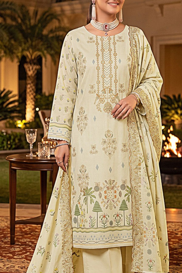 Saya zari dhanak digital print embroidered unstitched 3 piece suit with embroidered dupatta and comfort dyed trouser