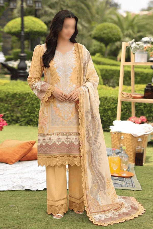 Malhaar Naznin 3 Piece Unstitched Linen Digital Print Suit with Printed Shirt Dupatta and Dyed Trouser