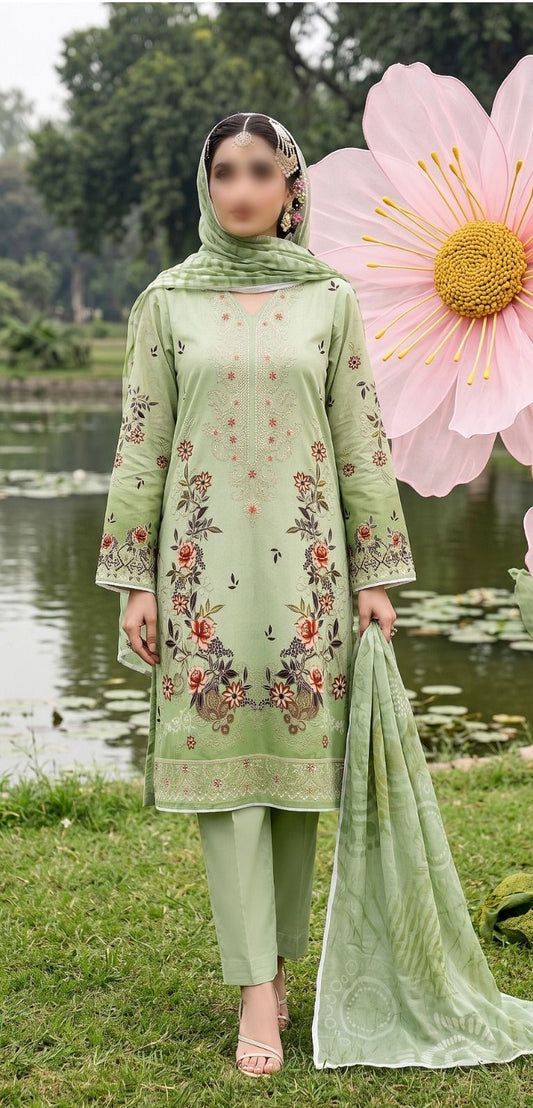 Nishat floral printed embroidered unstitched 3 piece suit with printed slub dupatta and comfort dyed trouser
