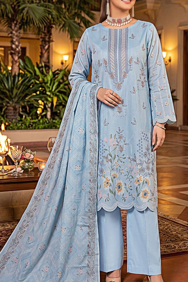 Saya zari dhanak digital print embroidered unstitched 3 piece suit with embroidered dupatta and comfort dyed trouser