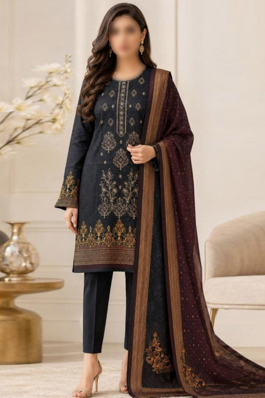 Nishat 3 Piece Printed Embroidered Linen Unstitched Suit with Dupatta and Trouser