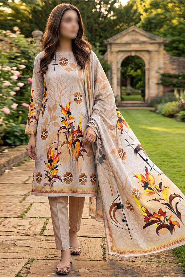 Alkaram 3 piece unstitched printed linen suit with digital printed Slub Linen shirt, dupatta and dyed trouser
