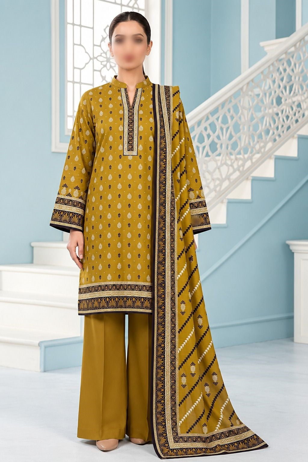 KHAADI 3 Piece Printed Khaddar Suit for Women with Khaddar Dupatta