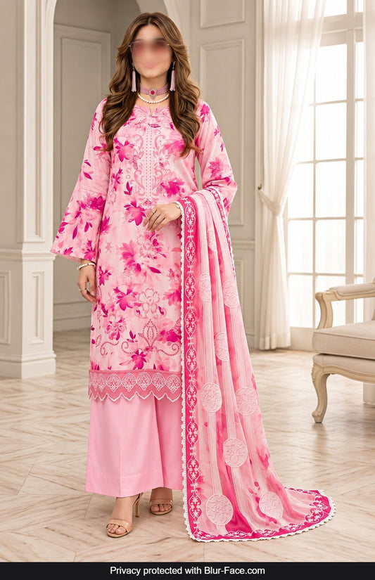 KHAADI 3 Piece Embroidered Viscose Suit for Women with Crinkle Digital Print Dupatta