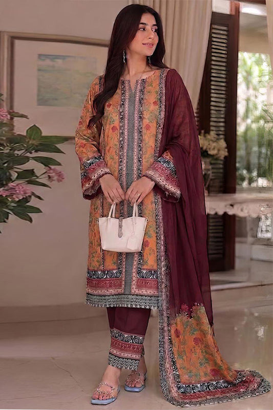 Sapphire 3 piece printed silk suit with Shamoze Silk shirt, Silk dupatta and trouser