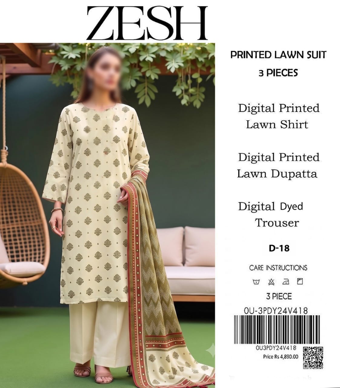 ZESH Unstitched Printed Lawn 3pc Suit