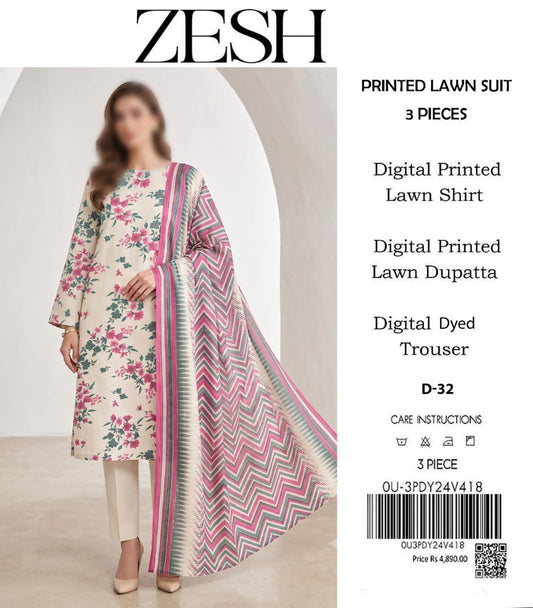 ZESH Unstitched Printed Lawn 3pc Suit