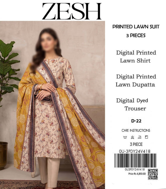 ZESH Unstitched Printed Lawn 3pc Suit