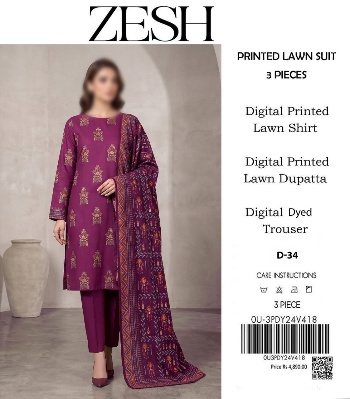 ZESH Unstitched Printed Lawn 3pc Suit