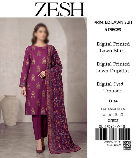 ZESH Unstitched Printed Lawn 3pc Suit