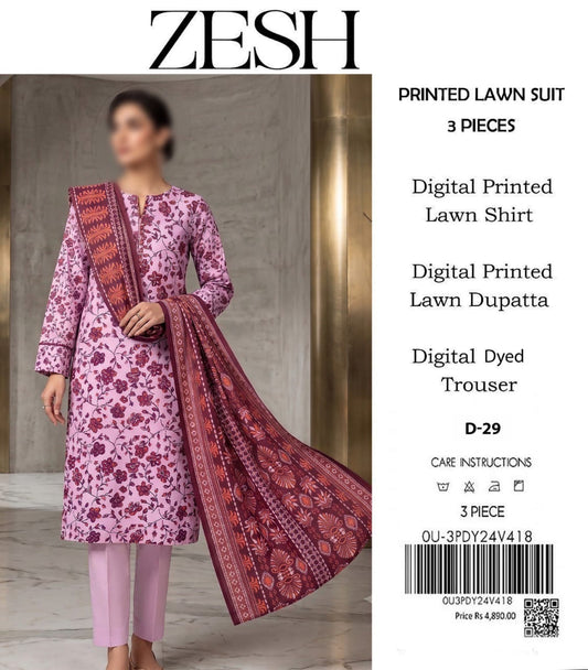 ZESH Unstitched Printed Lawn 3pc Suit
