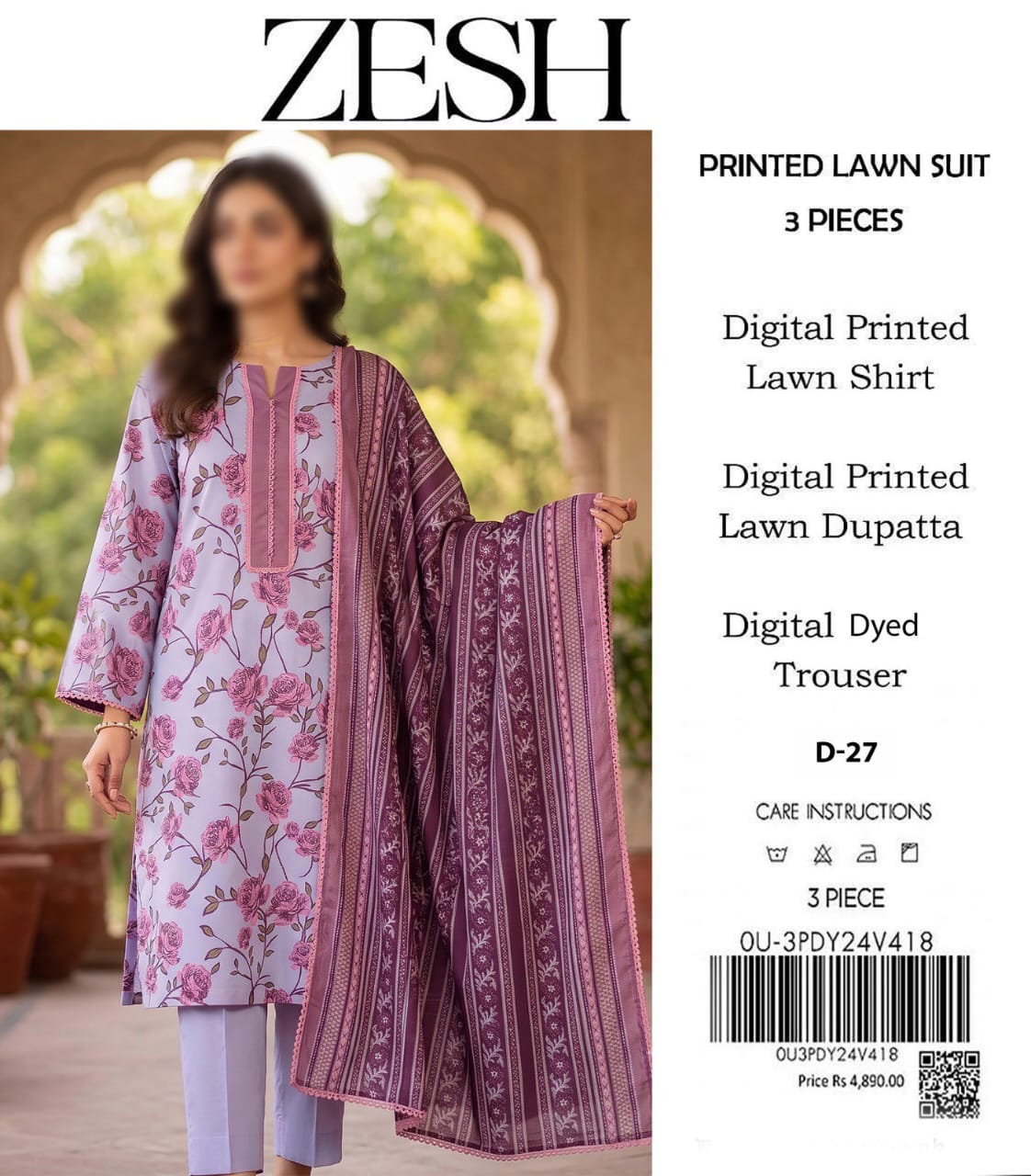 ZESH Unstitched Printed Lawn 3pc Suit