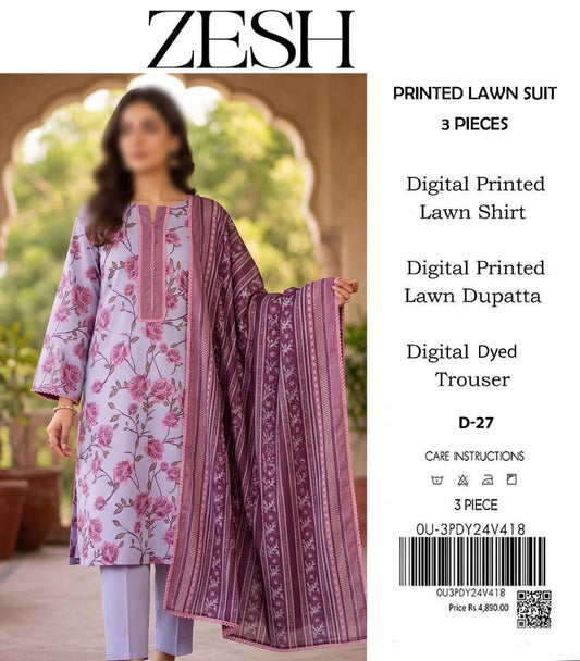 ZESH Unstitched Printed Lawn 3pc Suit