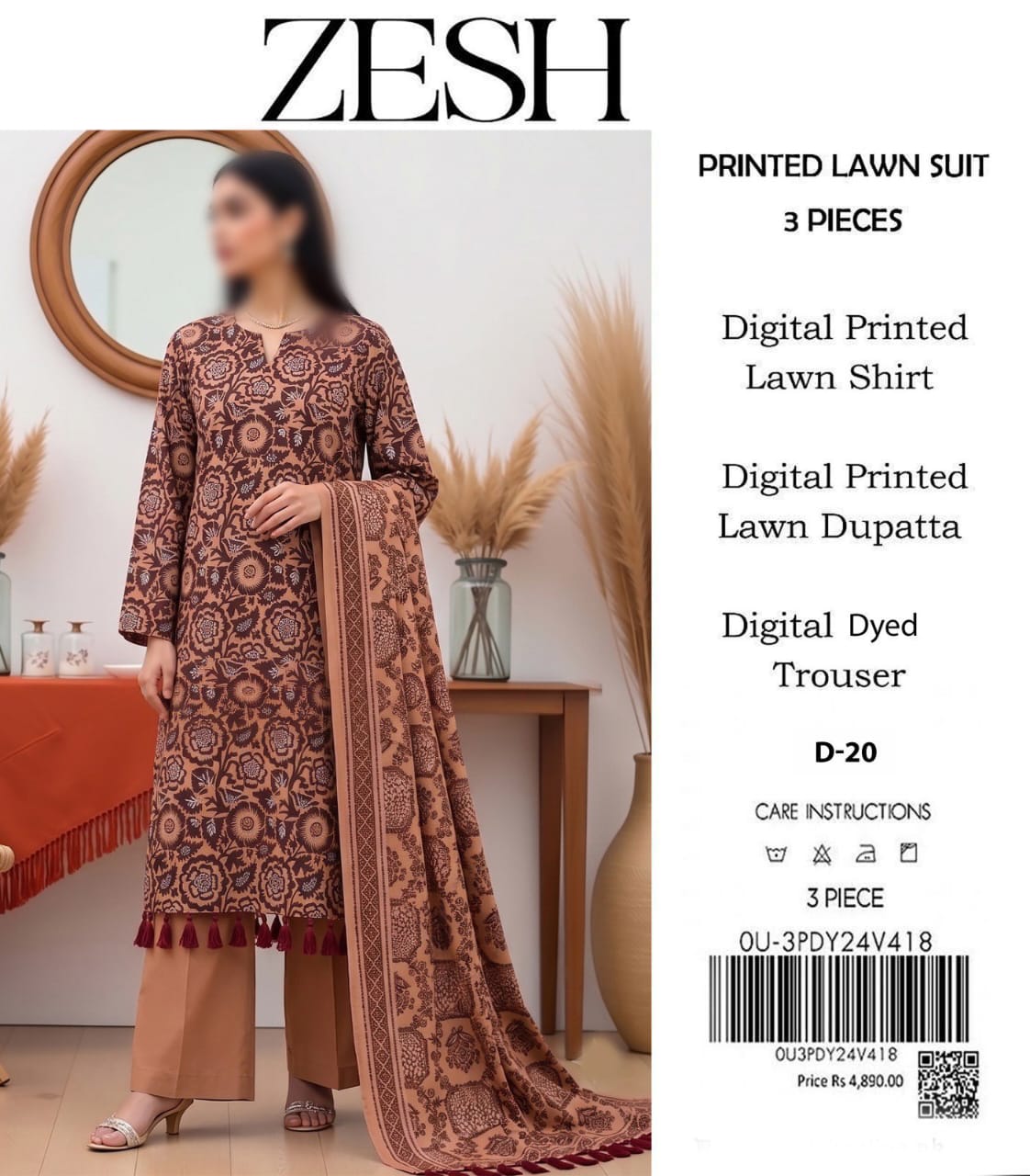 ZESH Unstitched Printed Lawn 3pc Suit