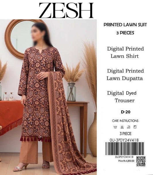 ZESH Unstitched Printed Lawn 3pc Suit