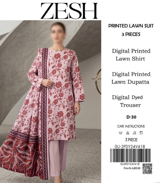 ZESH Unstitched Printed Lawn 3pc Suit