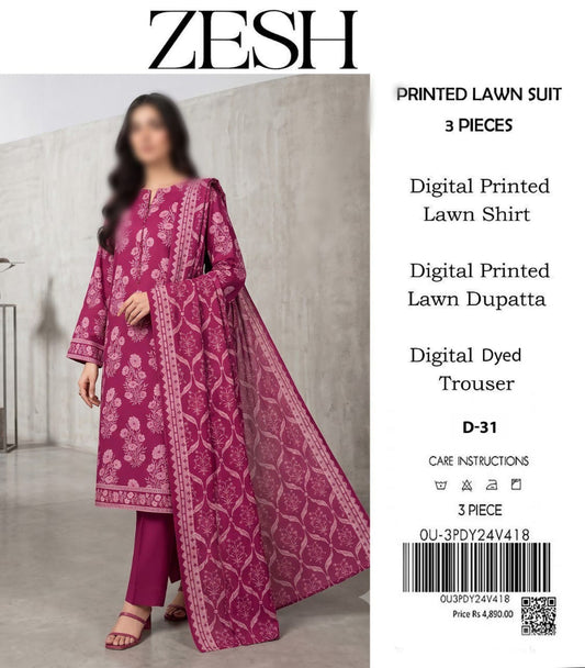 ZESH Unstitched Printed Lawn 3pc Suit