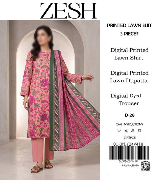 ZESH Unstitched Printed Lawn 3pc Suit