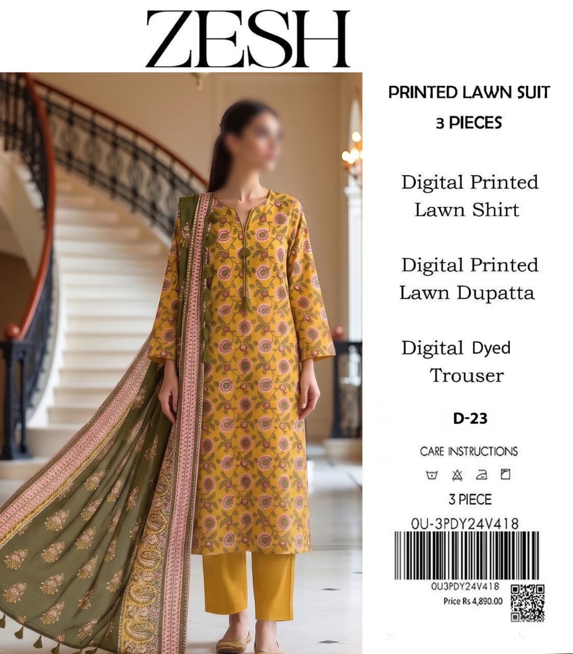 ZESH Unstitched Printed Lawn 3pc Suit