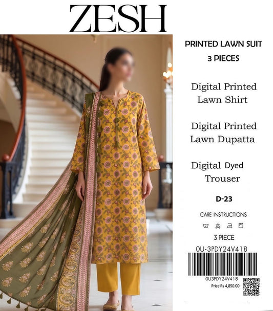 ZESH Unstitched Printed Lawn 3pc Suit