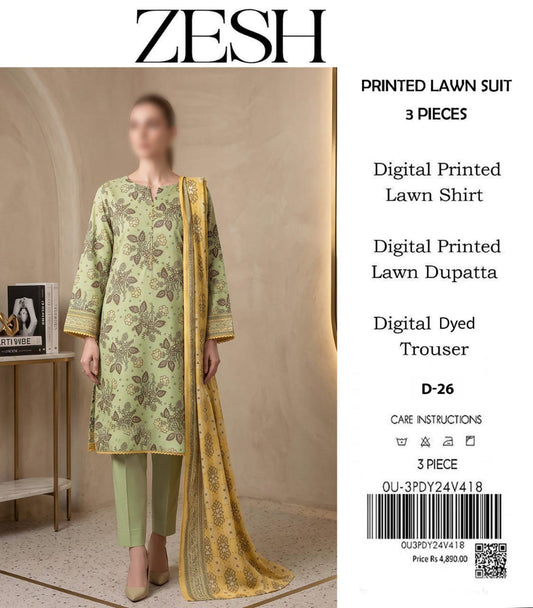 ZESH Unstitched Printed Lawn 3pc Suit