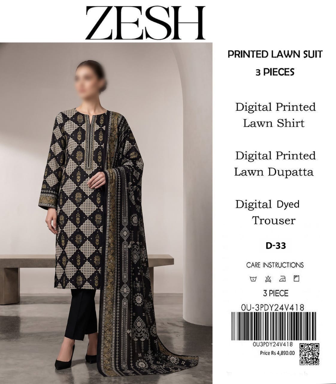 ZESH Unstitched Printed Lawn 3pc Suit