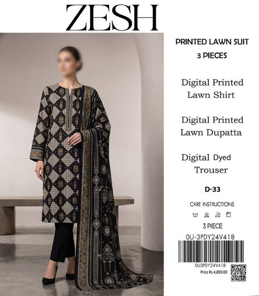 ZESH Unstitched Printed Lawn 3pc Suit