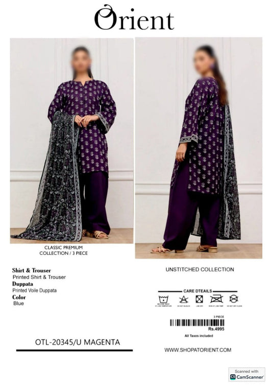 Orient Unstitched Printed Lawn 3pc Suit