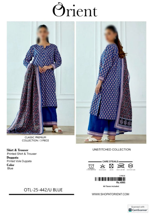 Orient Unstitched Printed Lawn 3pc Suit