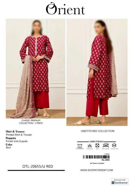 Orient Unstitched Printed Lawn 3pc Suit