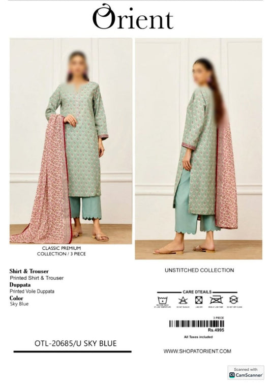 Orient Unstitched Printed Lawn 3pc Suit