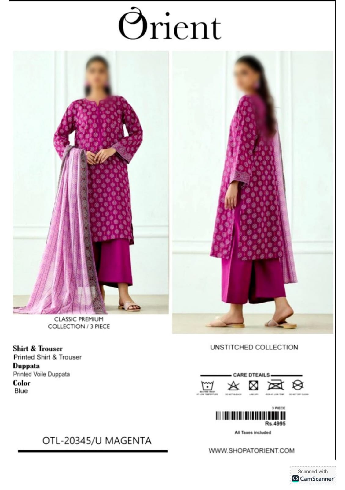 Orient Unstitched Printed Lawn 3pc Suit