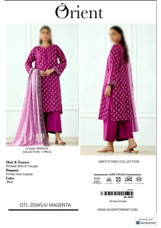 Orient Unstitched Printed Lawn 3pc Suit