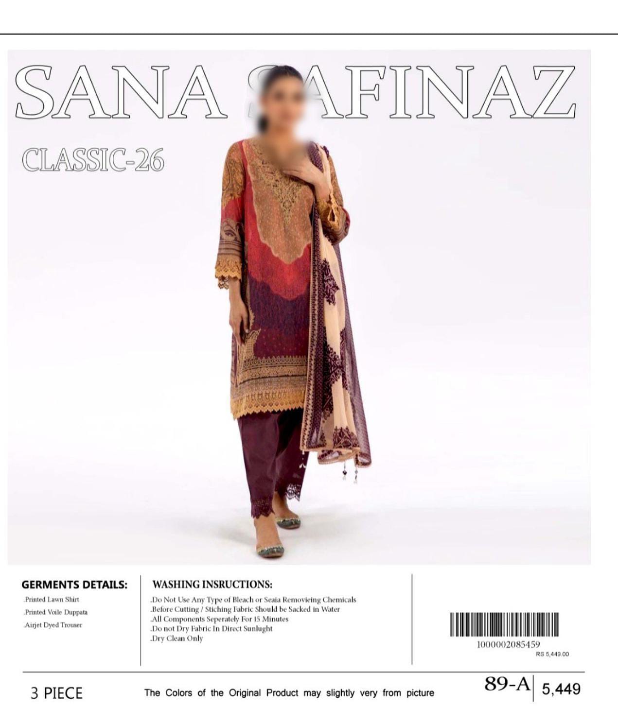 Sana Safinaz Unstitched Printed Lawn 3pc Suit