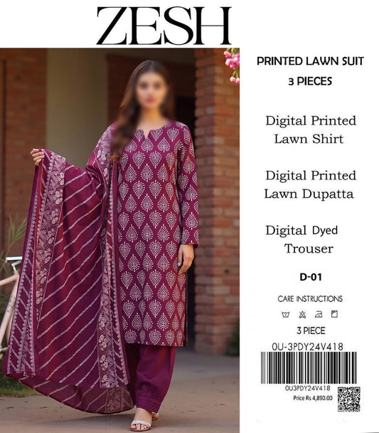 ZESH Unstitched Printed Lawn 3pc Suit