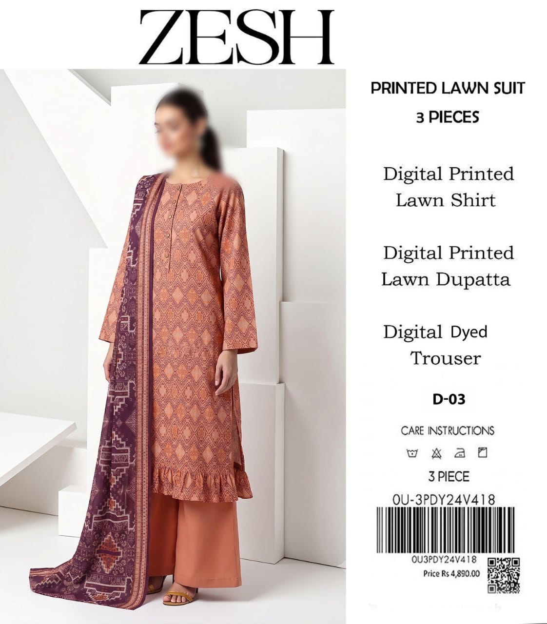 ZESH Unstitched Printed Lawn 3pc Suit