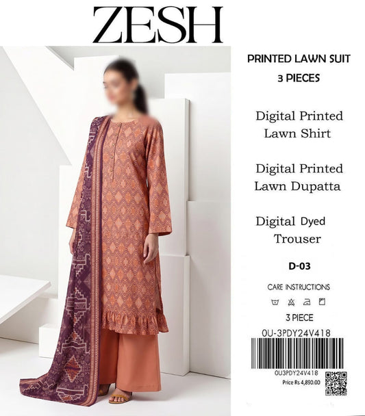 ZESH Unstitched Printed Lawn 3pc Suit