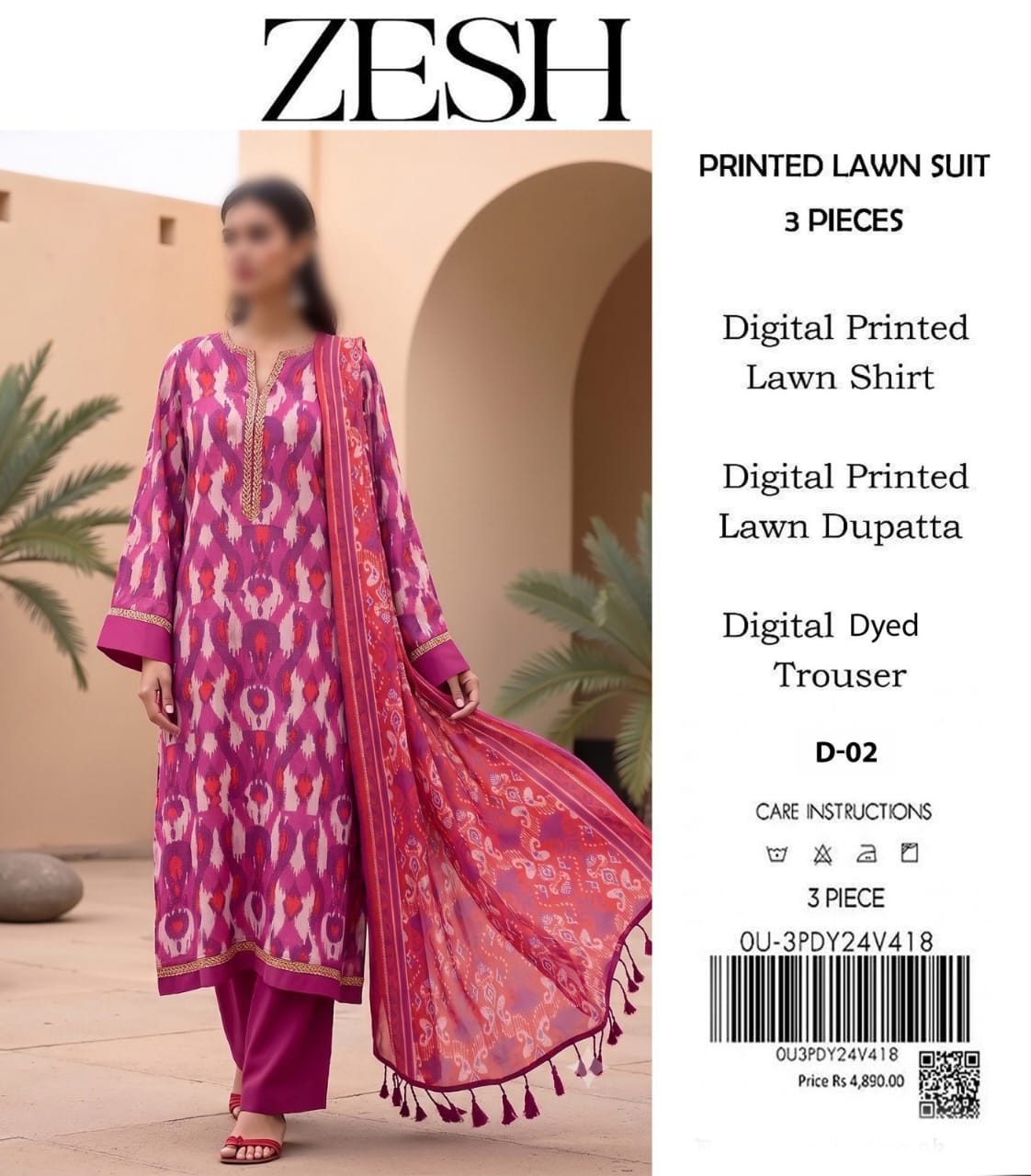 ZESH Unstitched Printed Lawn 3pc Suit