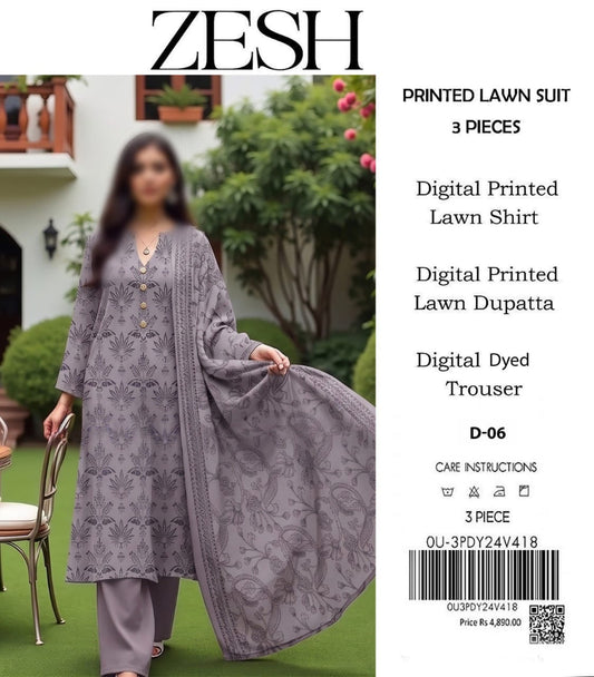 ZESH Unstitched Printed Lawn 3pc Suit