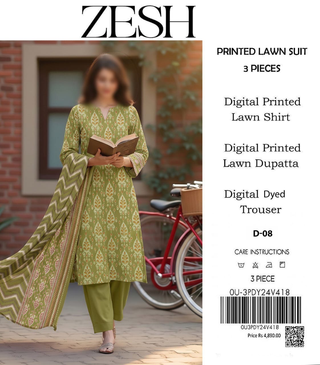 ZESH Unstitched Printed Lawn 3pc Suit